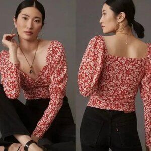Anthropologie Floral Red Smocked Long Sleeve Blouse
